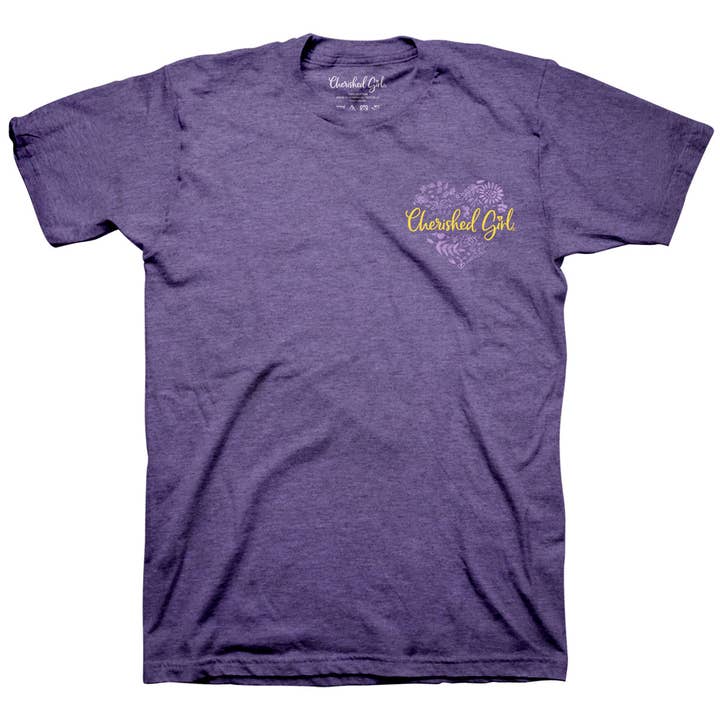 Retro Heather Purple Cherished Girl Womens T-Shirt Love Never Fails Floral for wholesale on Faire