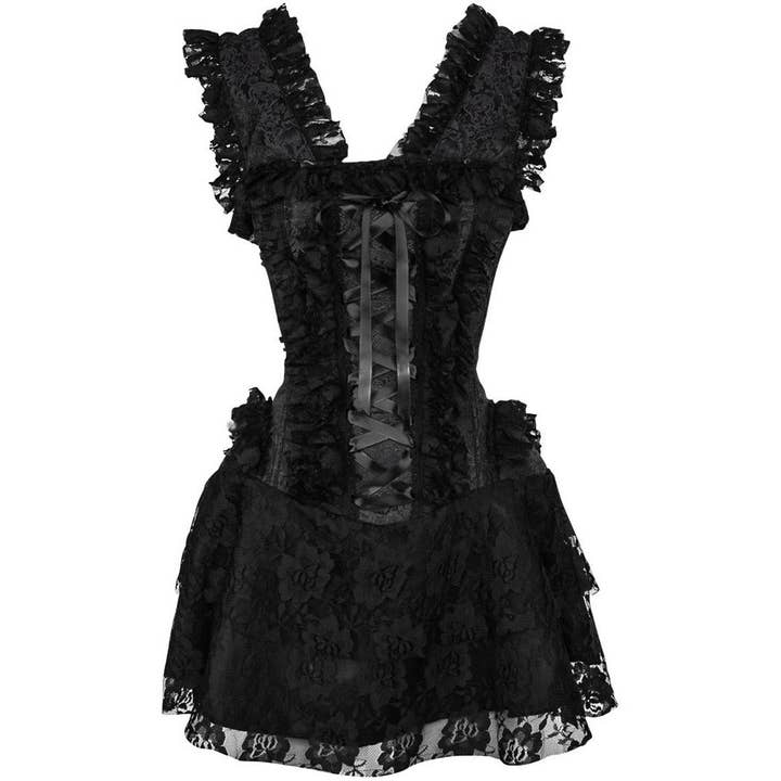 Robe corset victorienne en dentelle noire désossée en acier à tiroir supérieur pour la vente par Daisy Corsets