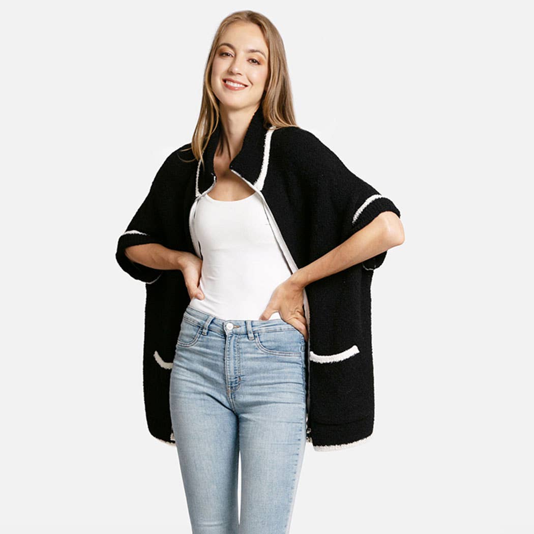 Fashion City - Wholesale Outerwear Poncho - Women's - Solid Zipper Jacket with Outlined Edges15