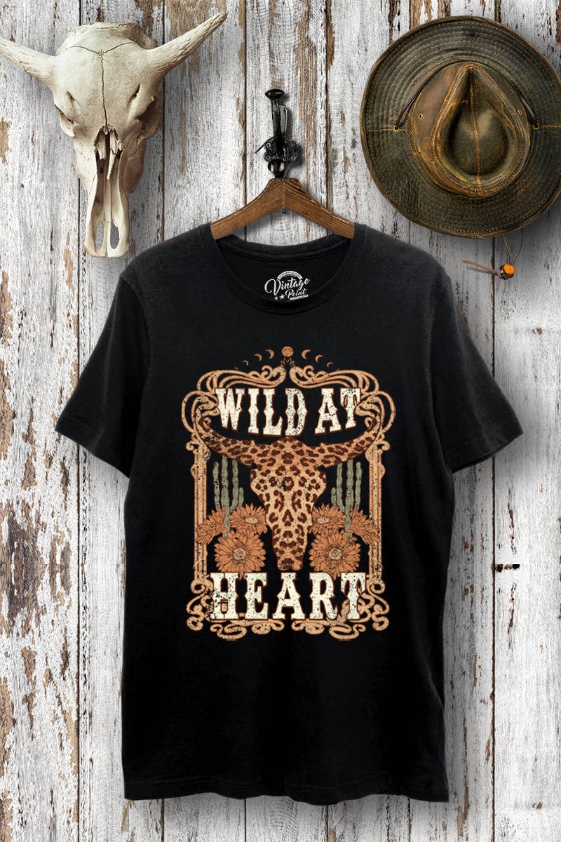 VINTAGE POINT USA - Wholesale Screen Printed T-Shirt - Women's - "WILD AT HEART" ANIMAL PRINT GRAPHIC BASIC CASUAL TEE0