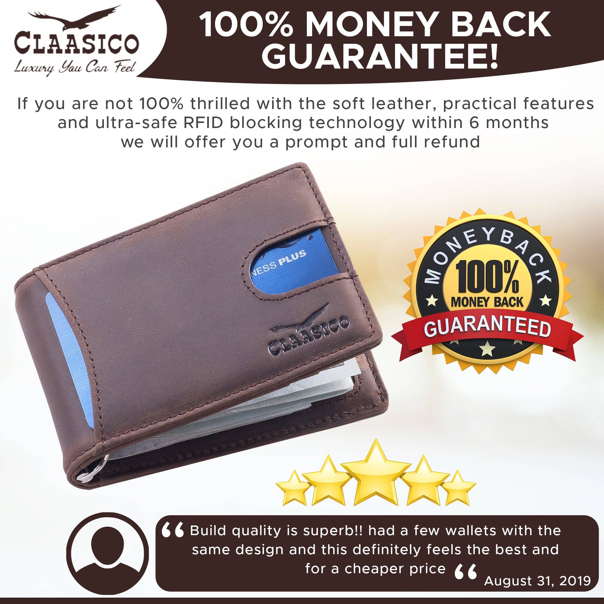 Claasico - Wholesale Wallet - Men's - Small bifold leather money clip wallet with pull strap10