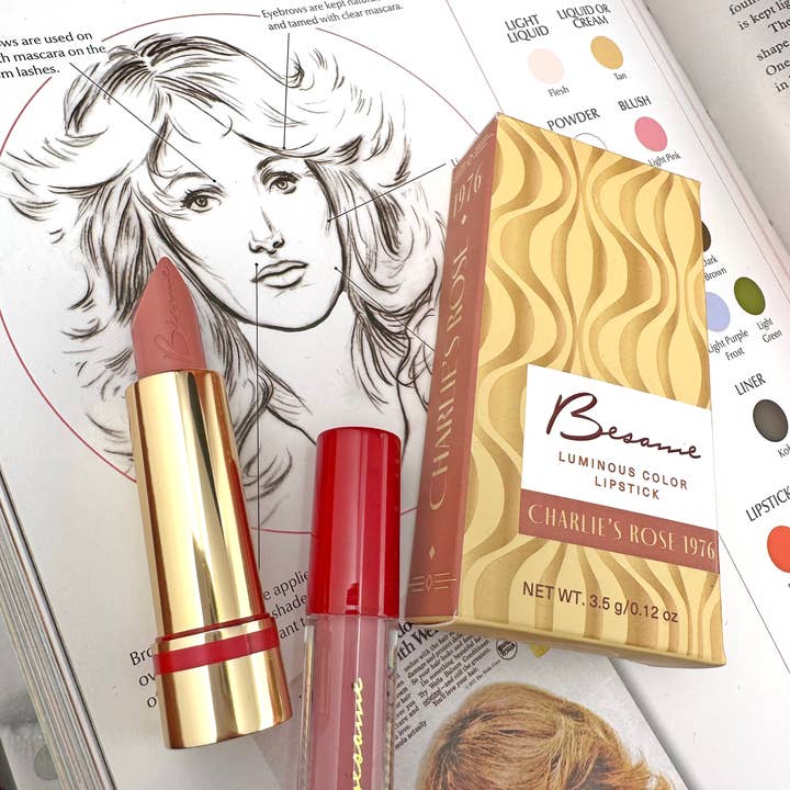 Besame Cosmetics Inc - Wholesale Lipstick - Charlie's Rose Lipstick + Glossy Balm Set - 1976