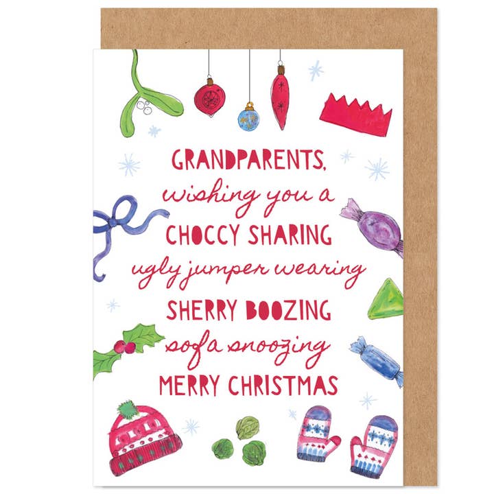Grandparents Carte de Noël Chocolat, Sherry & Ugly Jumper pour la vente par Bow & Bell