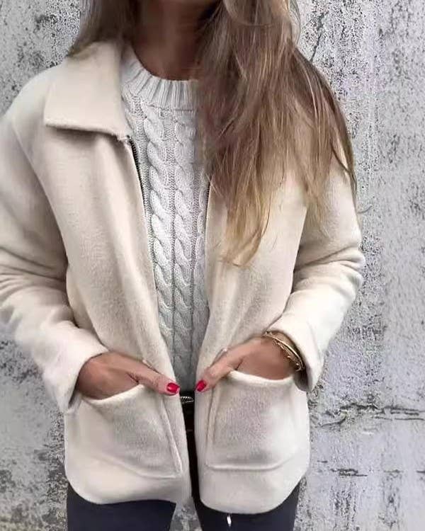 Rosa Clothing - Wholesale Jacket - Women's - Casual Lapel Solid Front Pocket Zipper Jacket4