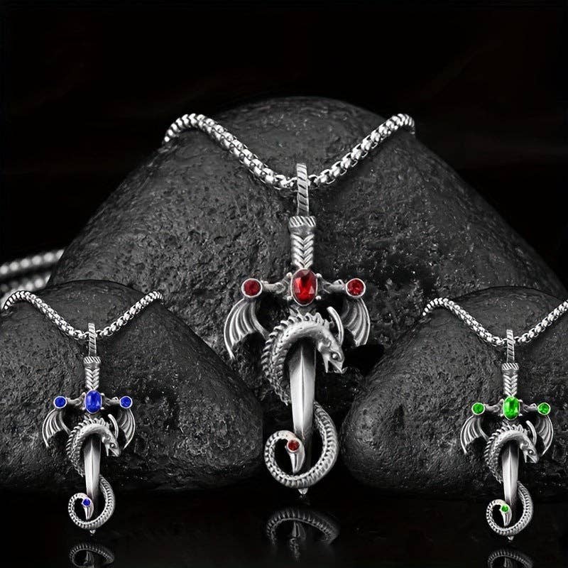 SALINA TRADING INC - Wholesale Pendant/Charm Necklace - Retro Multi-Color Gem Dragon Sword Stainless Steel Chain Necklace for Men7
