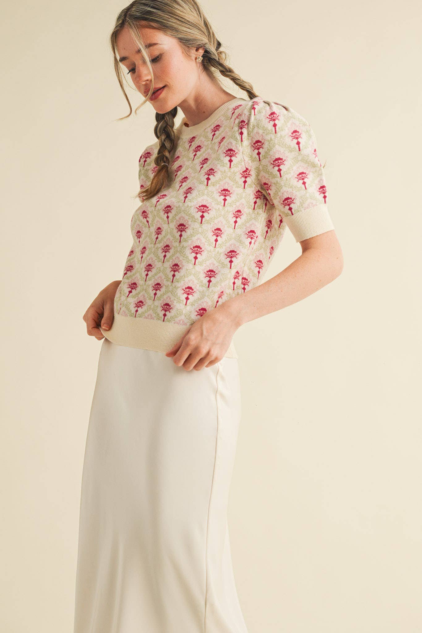 &MERCI - Wholesale Knit Sweater - Women's - FLORAL PATTERN SHORT SLEEVE SWEATER MSW1086032