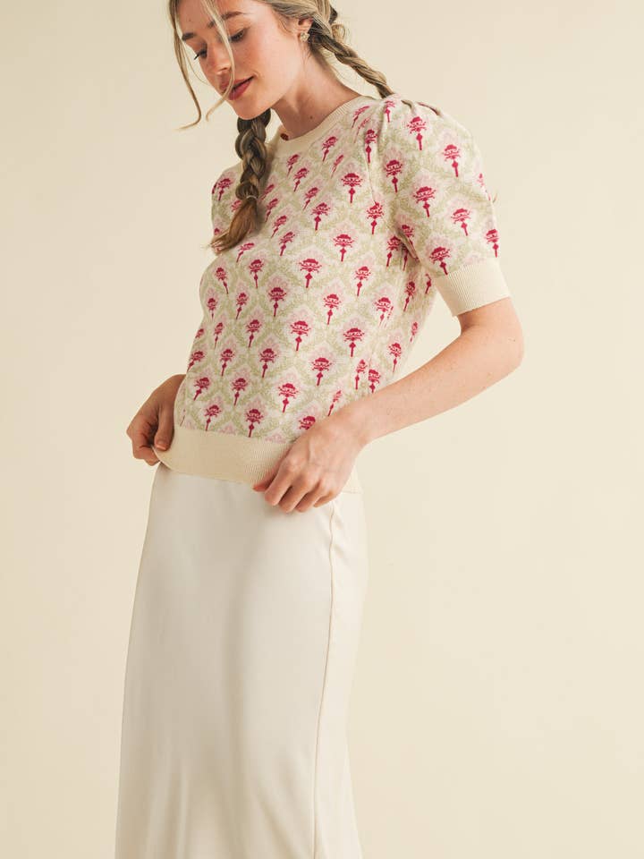 &MERCI - Wholesale Knit Sweater - Women's - FLORAL PATTERN SHORT SLEEVE SWEATER MSW1086032