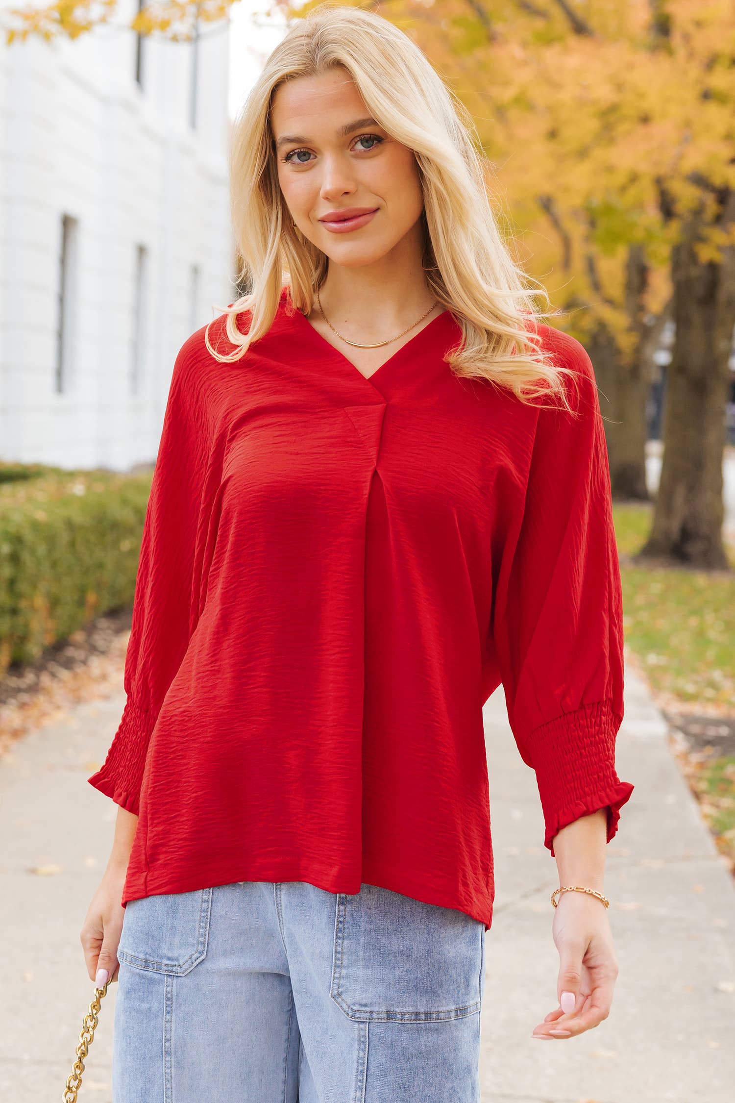 As shown Red Shirred Collared 3/4 Sleeve Oversize Tunic Top  | S-4X for wholesale on Faire1