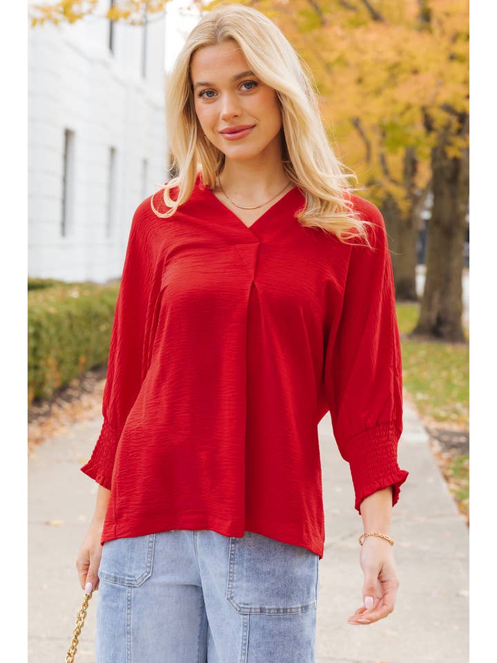 As shown Red Shirred Collared 3/4 Sleeve Oversize Tunic Top | S-4X for wholesale on Faire1