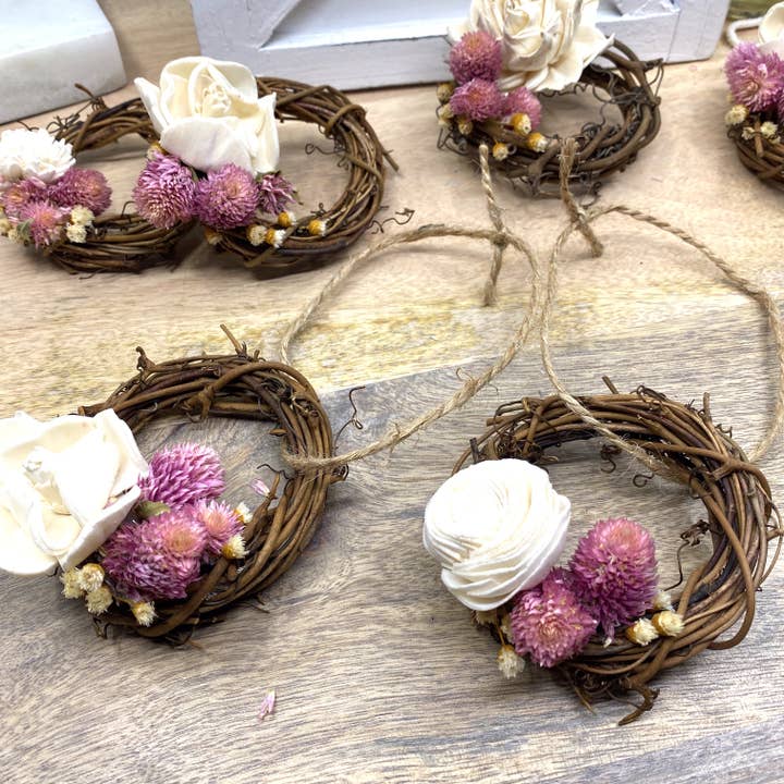 Sunsum Intentional Living - Wholesale Ornament - Mini Grapevine Wreath Ornaments with Dried Flowers, 3”
