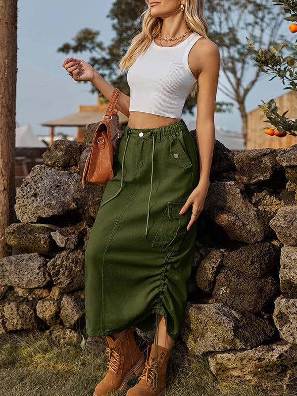 Sheer Trend - Wholesale Skirt - Women's - A-Line Loose Drawstring Elasticity Pockets Solid Color Split-Back Skirts Bottoms13