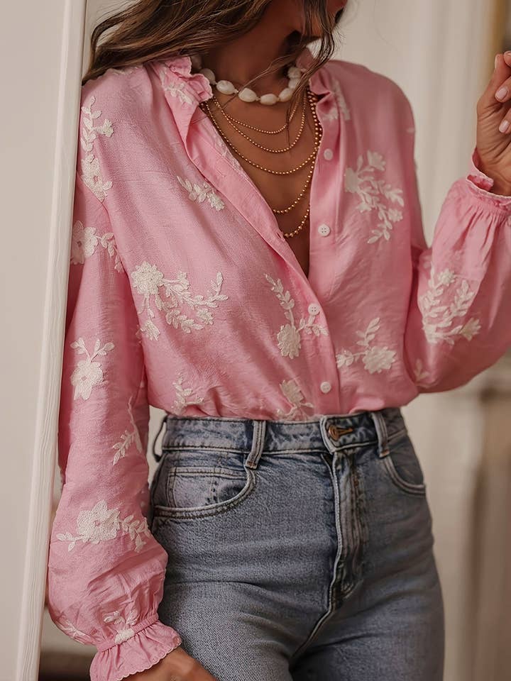 Lovenne - Wholesale Button Down Shirt - Women's - Women's long-sleeved embroidered V-neck shirt7