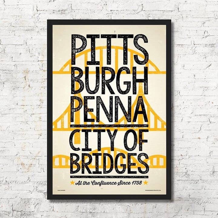 Pittsburgh Bridges Muurdecoratie in boekdrukstijl met kunstdruk voor wholesale door Red Robot Design & Illustration