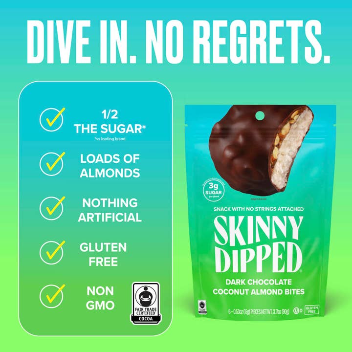 SkinnyDipped - Wholesale Chocolate Covered Sweets - Dark Chocolate Coconut Almond Bites Pouch, 3.17oz3