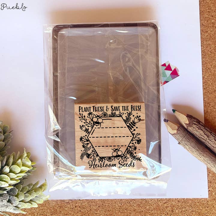 Pink Pueblo - Wholesale Rubber/Decorative Stamp - Save The Bees Seed Packet Rubber Stamp