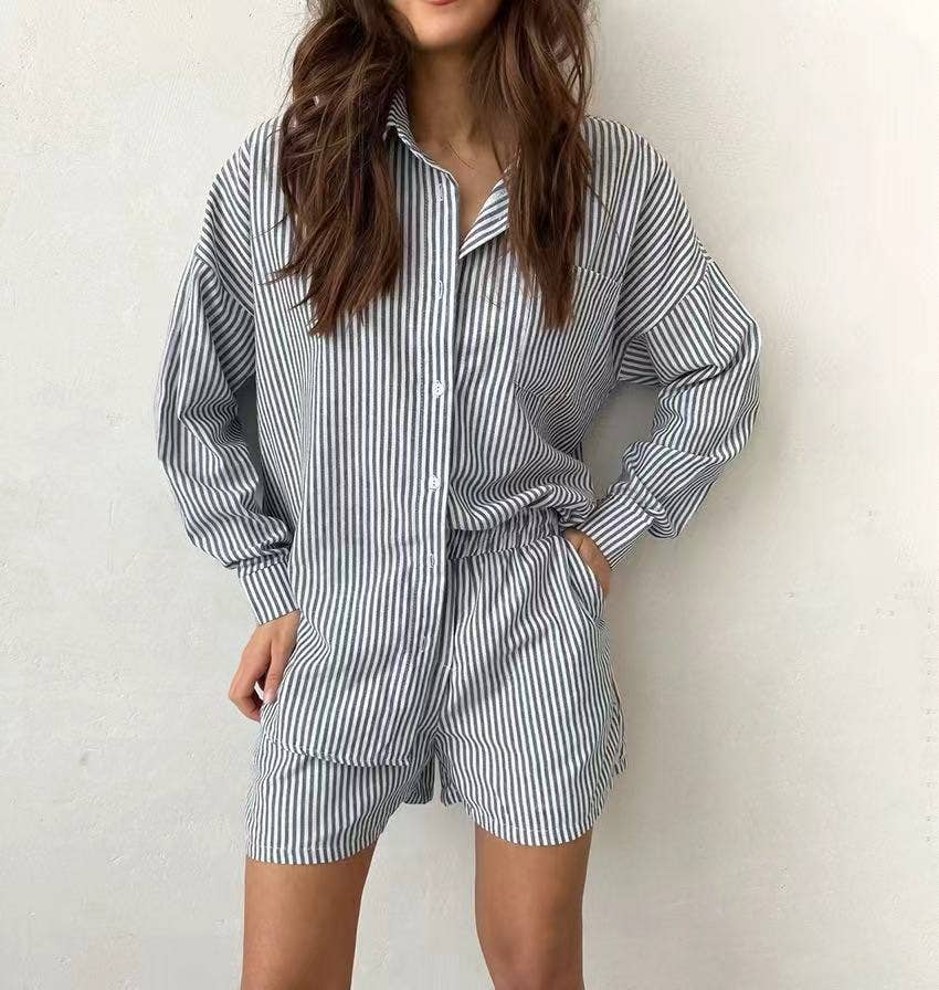 Blue Striped Two Piece Shorts Set for wholesale on Faire2