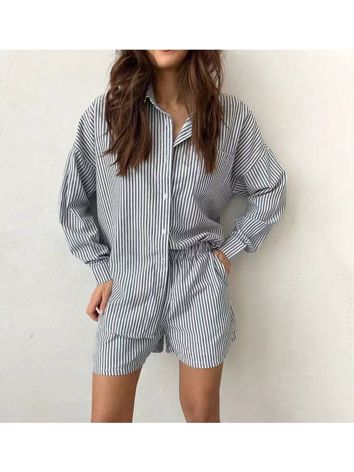 Azul Conjunto de shorts e camisa listrados para venda a revendedores na Faire2