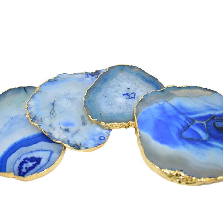 Mittlerer pastellblauer Achat-knorriger Untersetzer mit Goldverzierung für den Großhandel von Olympus Minerals Co