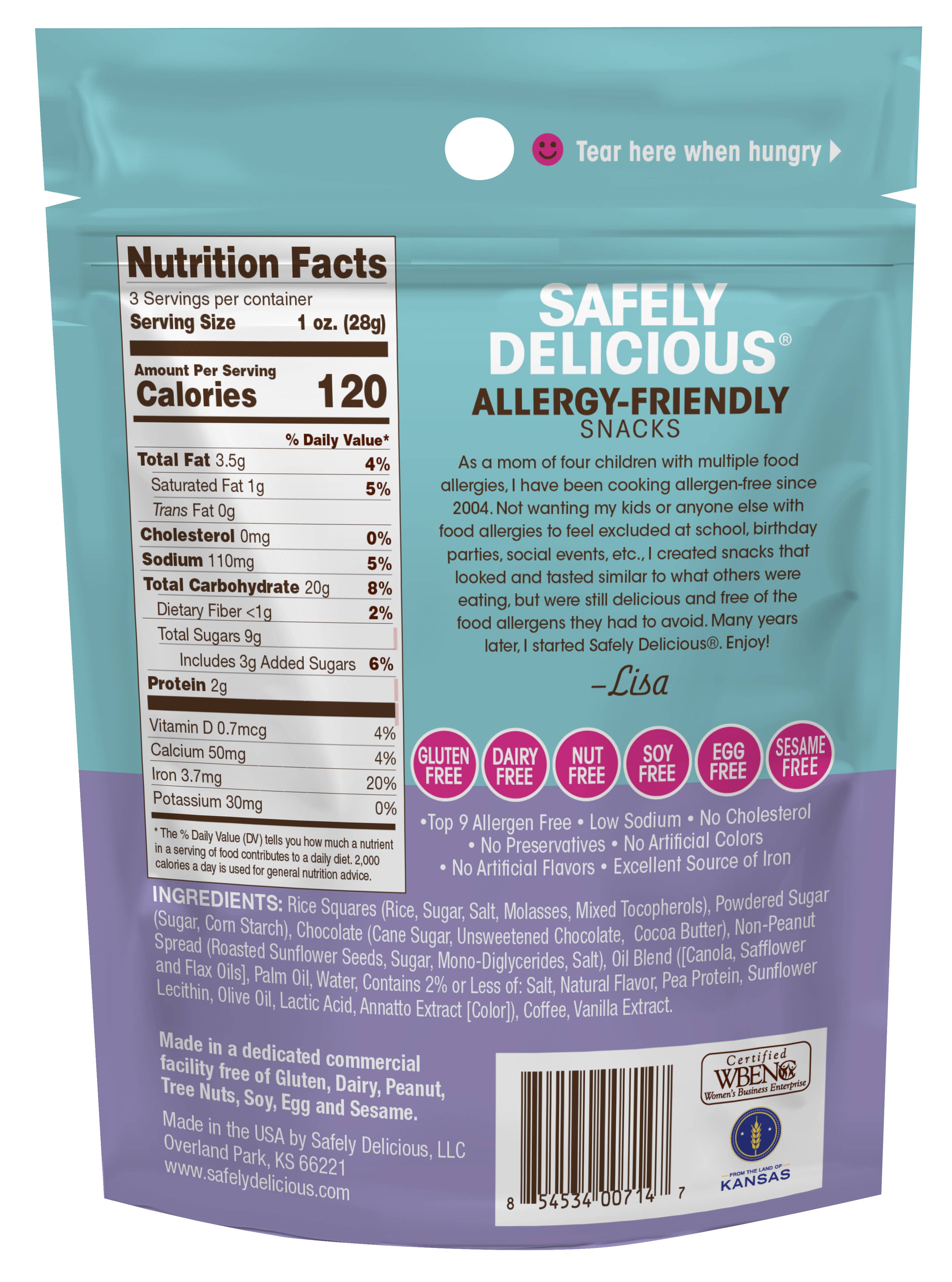 Safely Delicious, LLC – Engroshandel Snackbars – Mokka Bites 3 oz - Allergenfri, Glutenfri, Vegansk1