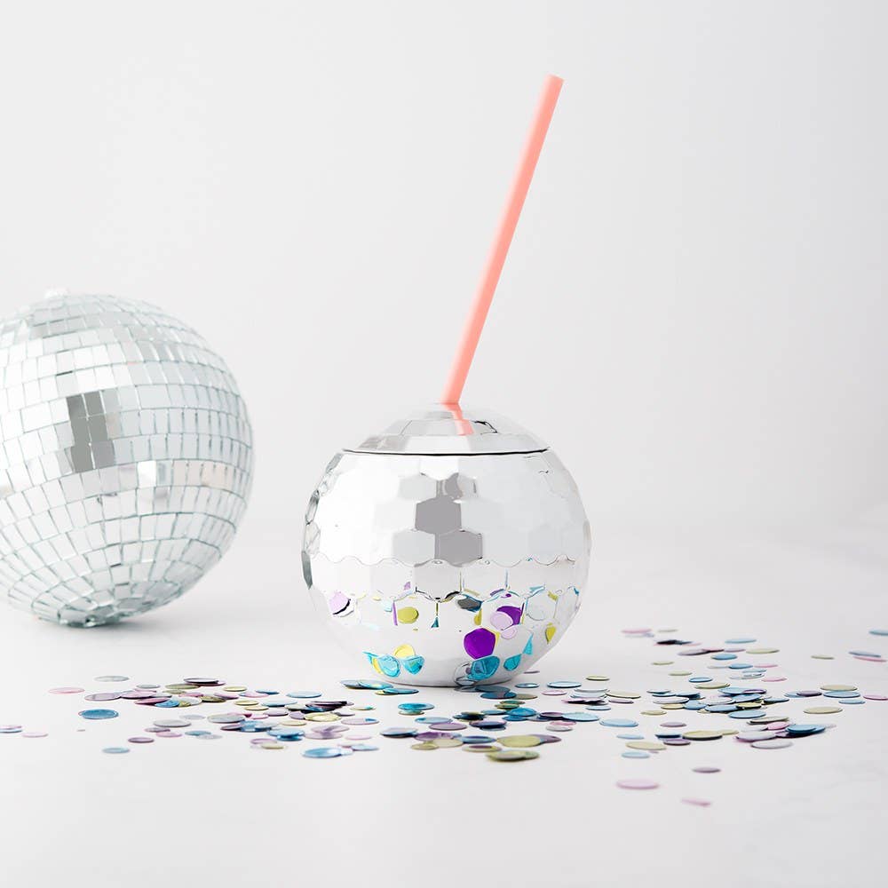 Weddingstar Inc. - Wholesale Insulated Mug/Tumbler - Bridal Party Disco Ball Tumbler Cup - Silver With Pink Straw2