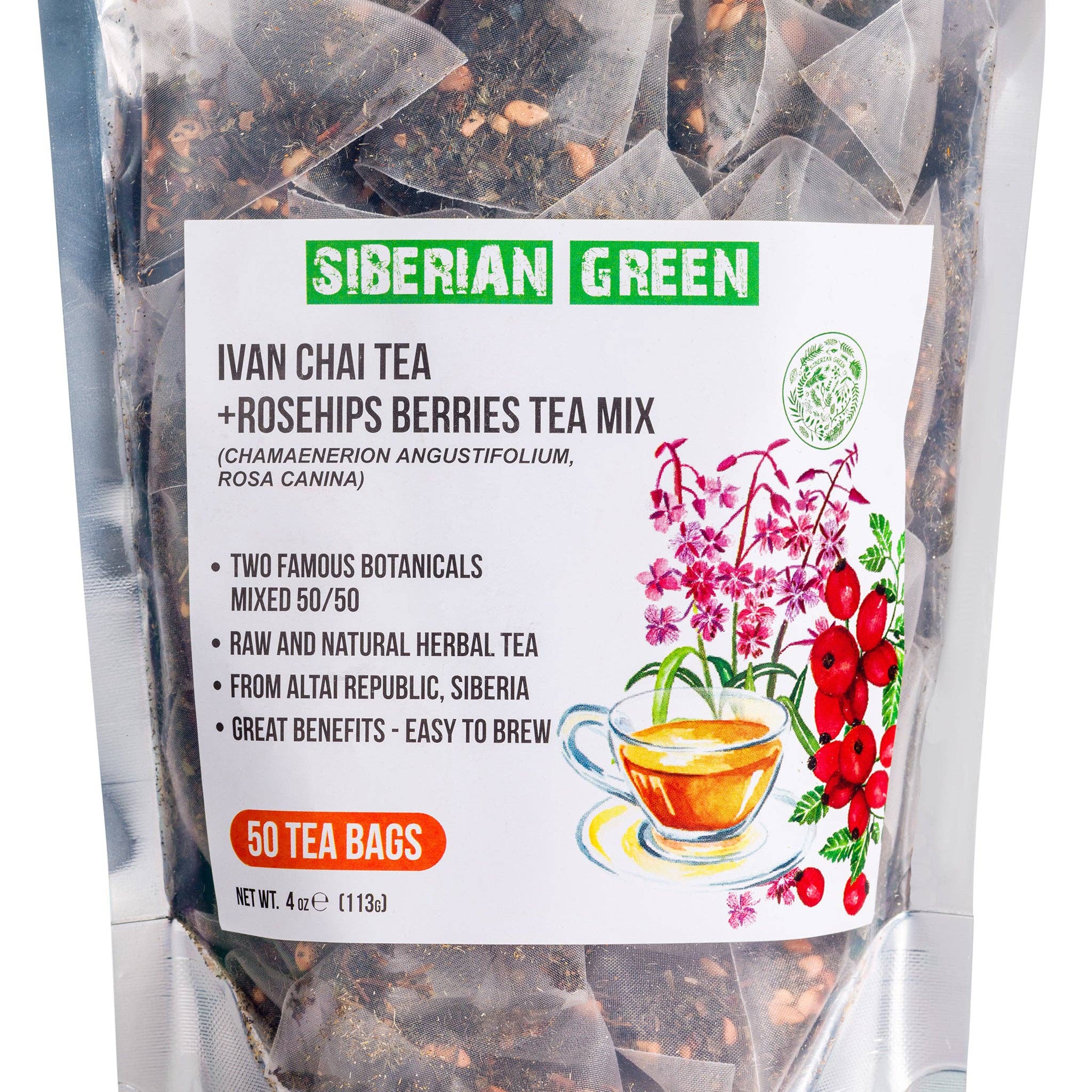 SiberianGreen - Vente Sachets de thé - 50 sachets de tisane de thé vert sibérien Ivan Chai avec baies d'églantier1