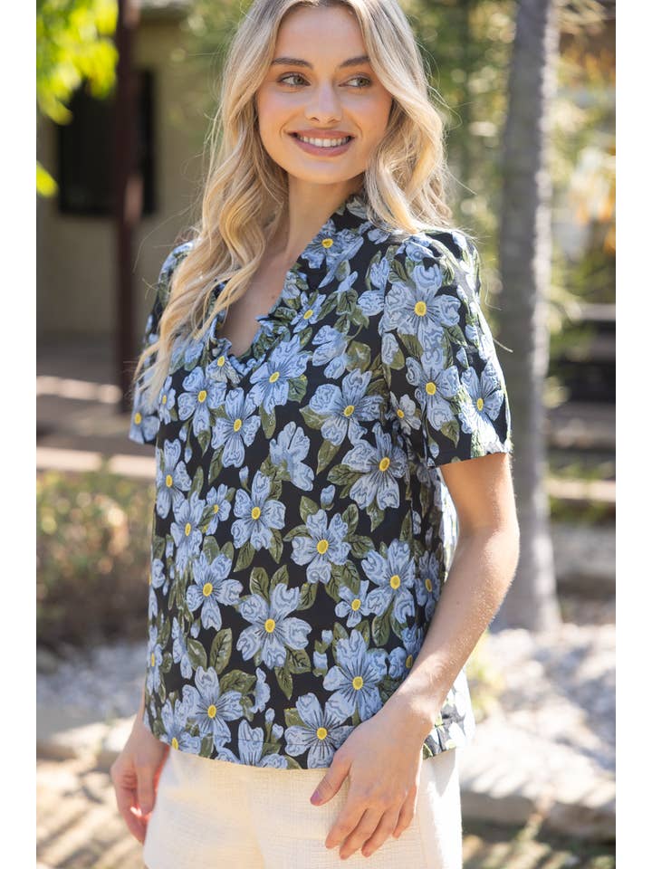 Blue 35286 Floral Jaquard Ruffle V Neck Top for wholesale on Faire