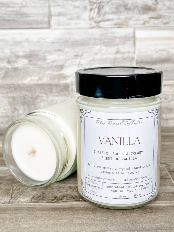 Vanilla Tarot Message and Crystal Reveal Soy Candle for wholesale by Northern Oasis Candles