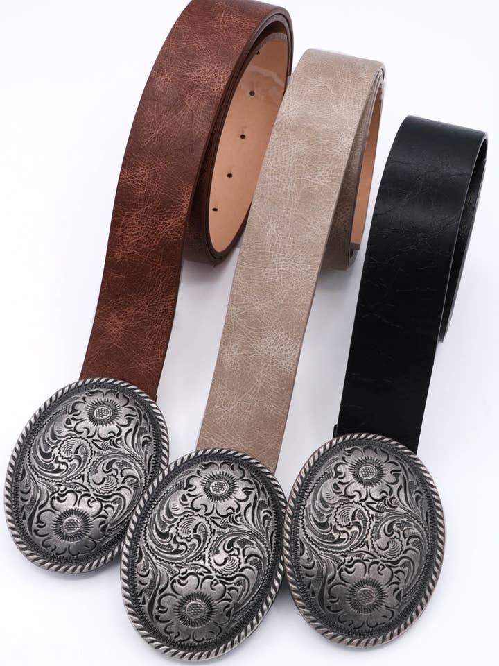 Vintage Flower Embossed Oval Buckle Faux Leather Belt for wholesale by Mint & Shine