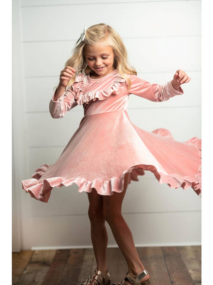 Adorable Sweetness - Wholesale Dress - Kids - Kids Pink Velvet Ruffle Fancy Winter Christmas Holiday Dress
