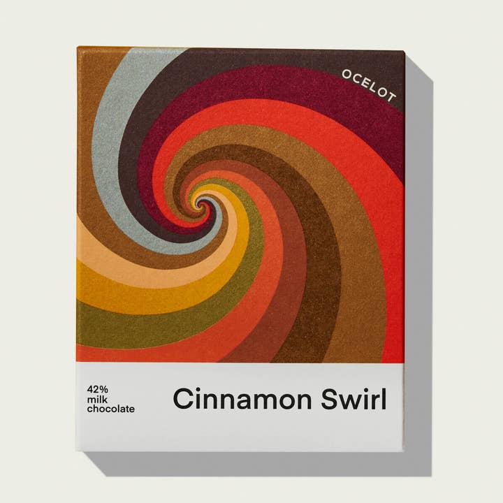 Cinnamon Swirl - 42% Milk Chocolate & cinnamon bun bar, 70g for wholesale by Ocelot Chocolate