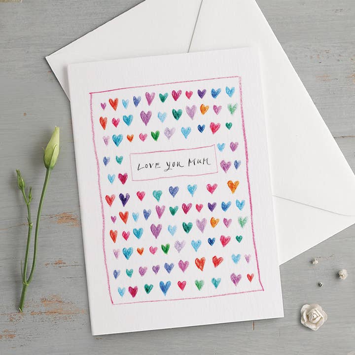 'Love You Mum ' Multi Coloured Hearts Card for wholesale by Gabrielle Solly Illustration