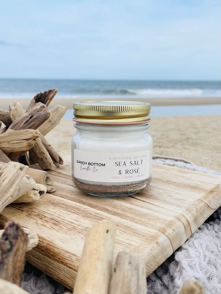 Sea Salt & Rosé 6 oz Soy Candle for wholesale by Sandy Bottom Candle Co.