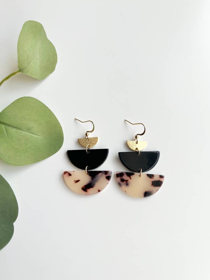 Stacked Half Circle Black Tortoise Shell Earrings for wholesale by Mountain Marigold Jewelry