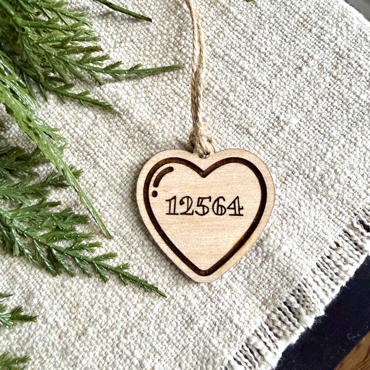 Zip Code CUSTOM Engraved Heart Wood Ornament© for wholesale by Aurora North Home