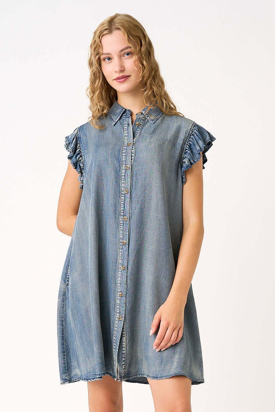 mittoshop - Wholesale Dress - Women's - WASHED CHAMBRAY RUFFLE SLEEVE BUTTONED MINI DRESS6