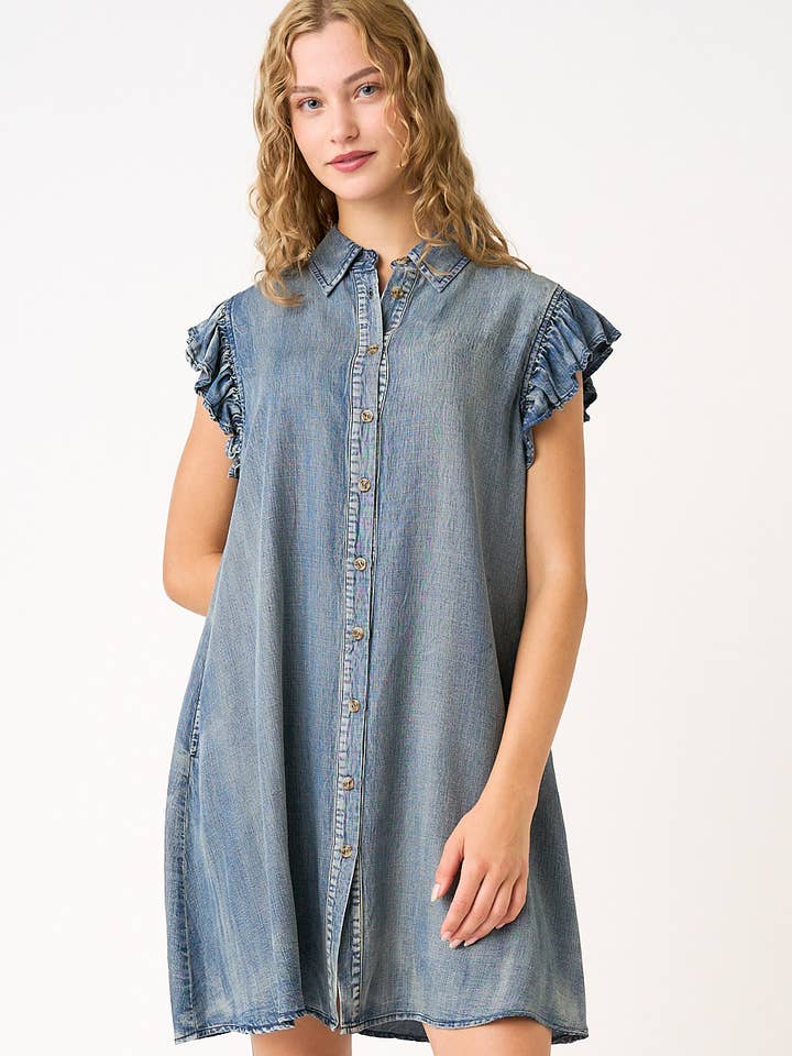 mittoshop - Wholesale Dress - Women's - WASHED CHAMBRAY RUFFLE SLEEVE BUTTONED MINI DRESS6