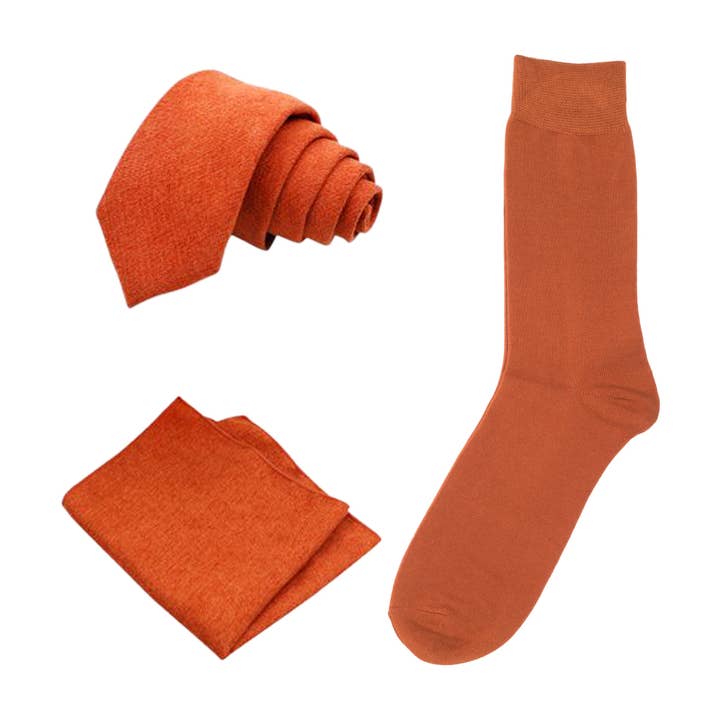 Bea Matching Burnt Orange Cotton Blend Tie, Pocket Square and Cotton Sock set for wholesale by Dickie Bow