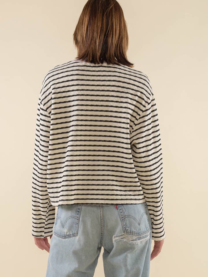 Ivory Black Lavender Bristol Contrast Mock Neck Striped Shirt for wholesale on Faire
