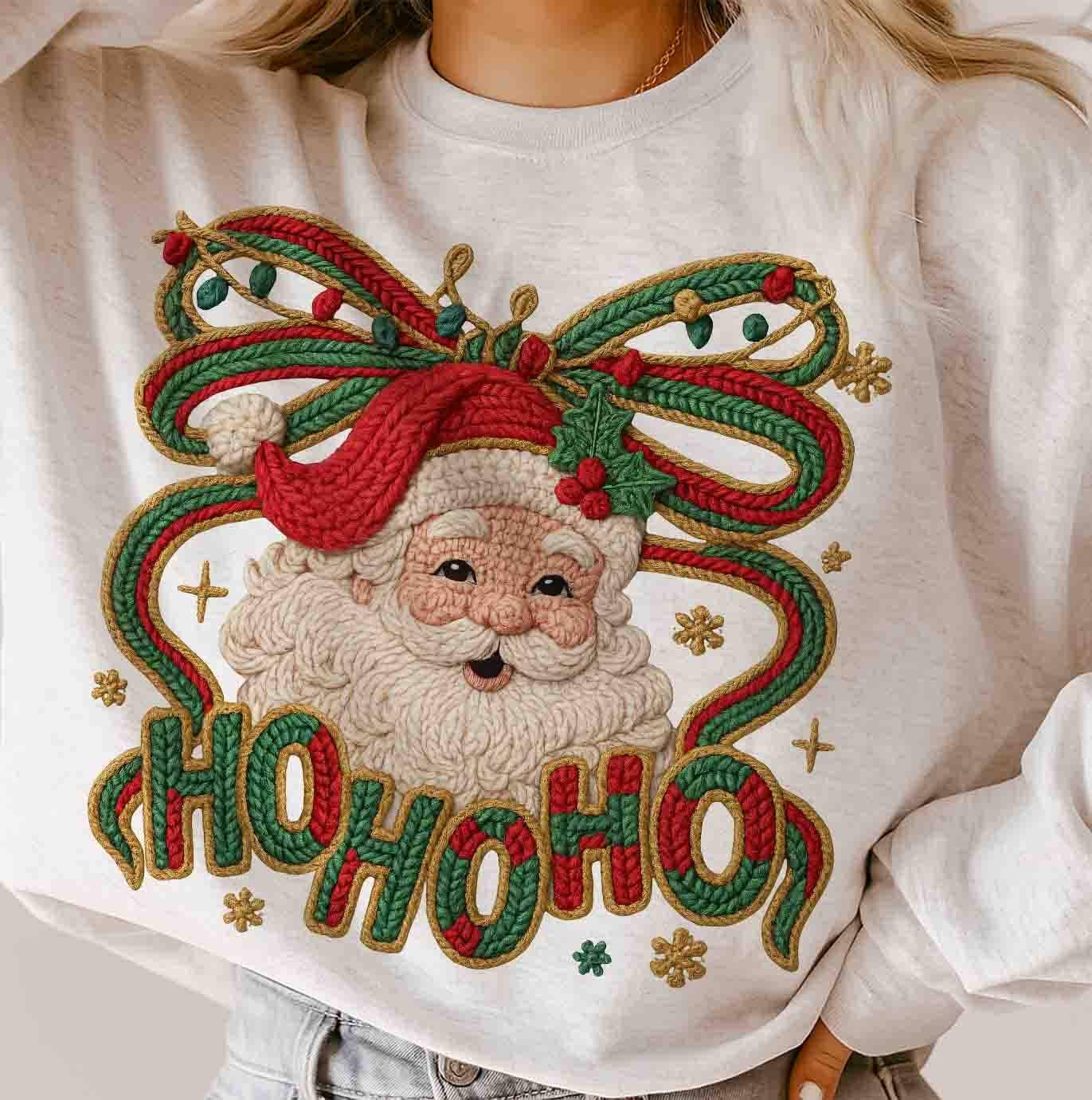 DLT Ecommerce - Vente T-shirt à imprimés – femme - Faux fil crochet Ho Ho Ho T-shirt du Père Noël, pull de Noël du Père Noël1