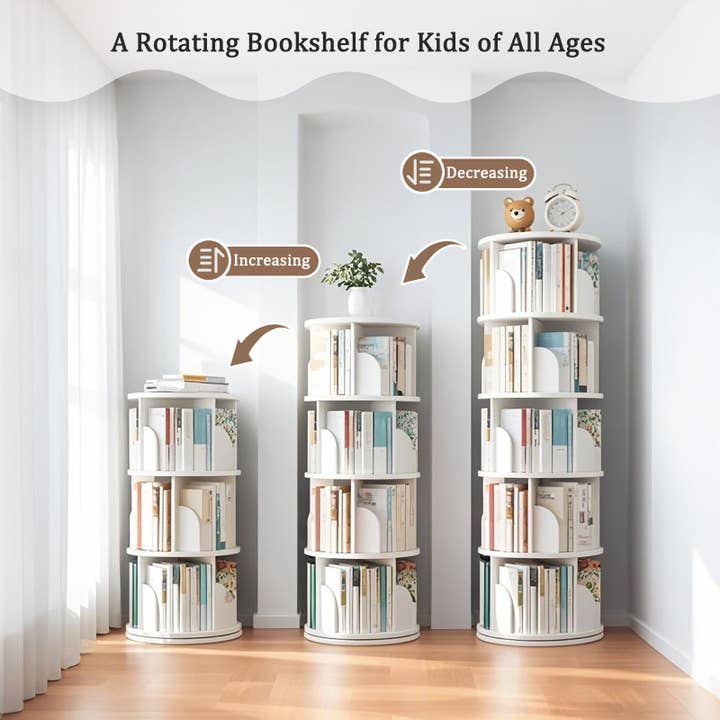 39F Inc. - Wholesale Bookcase - 5-Tier Rotating White MDF Bookshelf for Home or Office4