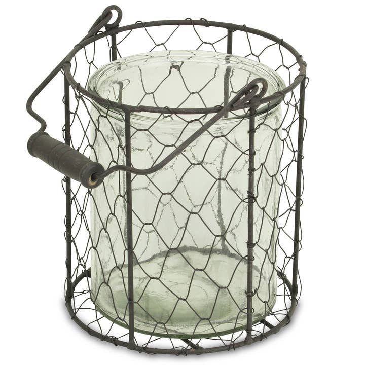 Cheungs Home Decor - Wholesale Decoratieve pot - Ronde glazen pot van Teska in bruine draadmand1