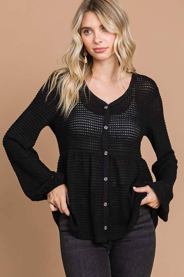 Culture Code - Wholesale Knit Top - Women's - CHT1821L - BUTTON DOWN RUCHING DETAIL LSLV TOP1
