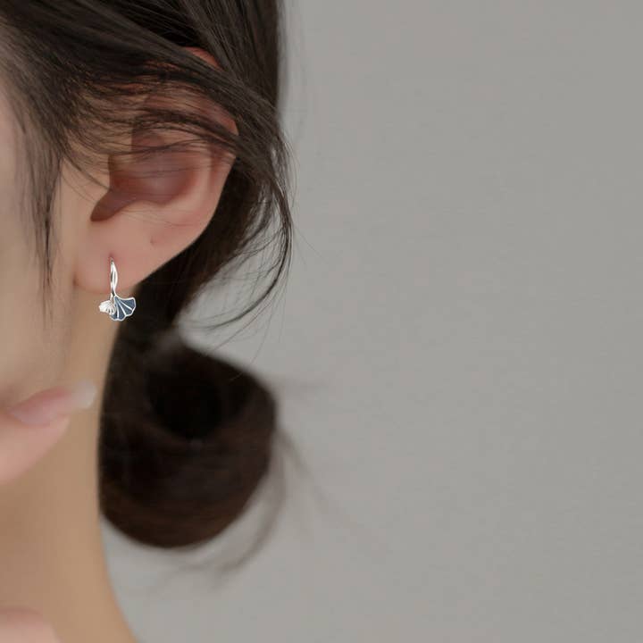 Perimade & Co. LLC - Wholesale Dangle Earrings - Dainty Blue Ginkgo Leaf Hook Earrings in 925 Sterling Silver1