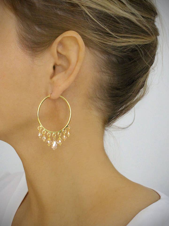 18K gold plated hoop earrings with Golden Shadow crystals for wholesale by DIGE DESIGNS