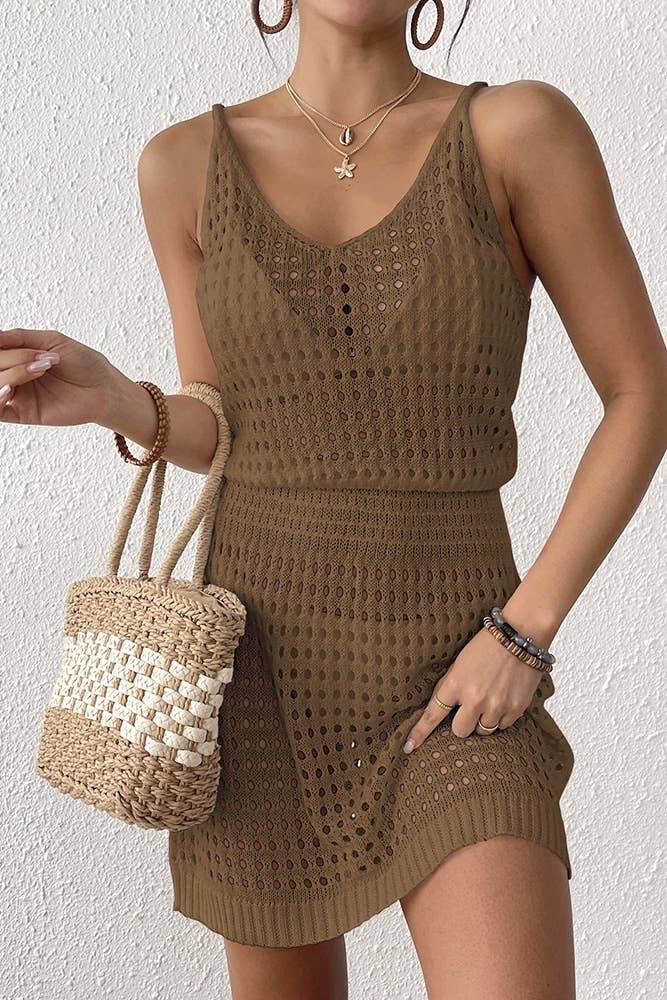 UNISHE - Wholesale Dress - Women's - Knit Waist-Tie Sleeveless Sexy Hollow-Out Beach Dress OYM15619