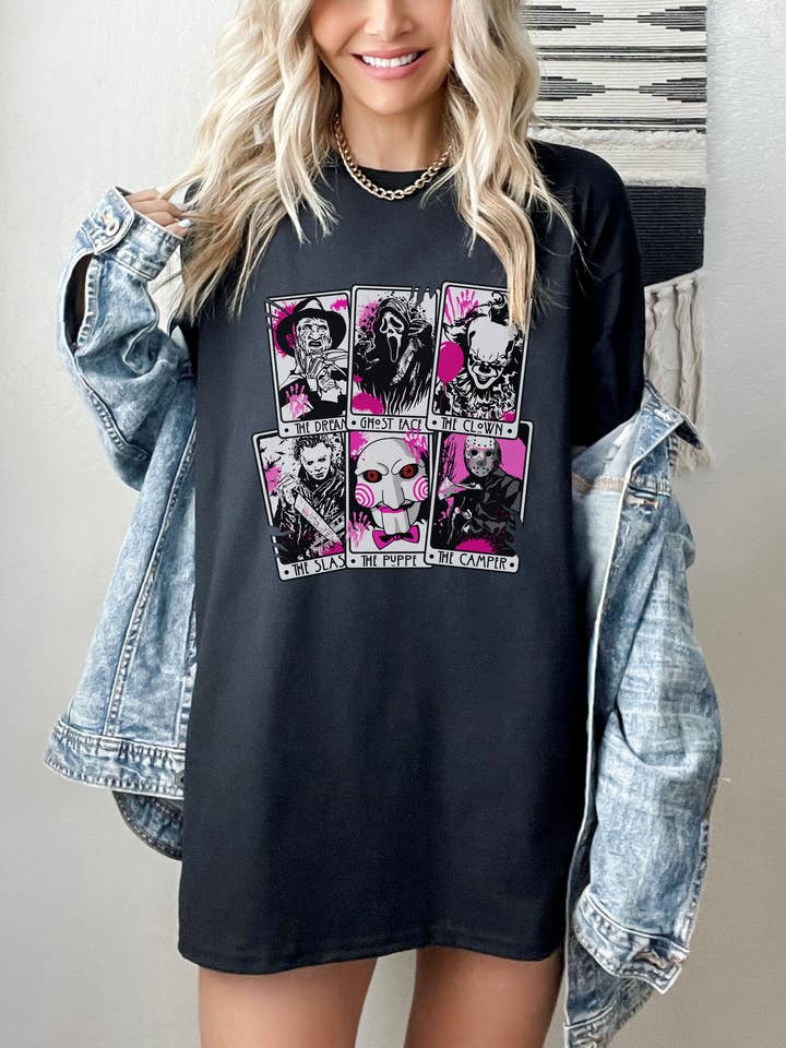 SONDO DESIGN LTD - Wholesale T-Shirt (Graphic) - Women's - Horror Movie Characters Tarot Card Shirt, Horror Squad Shirt
