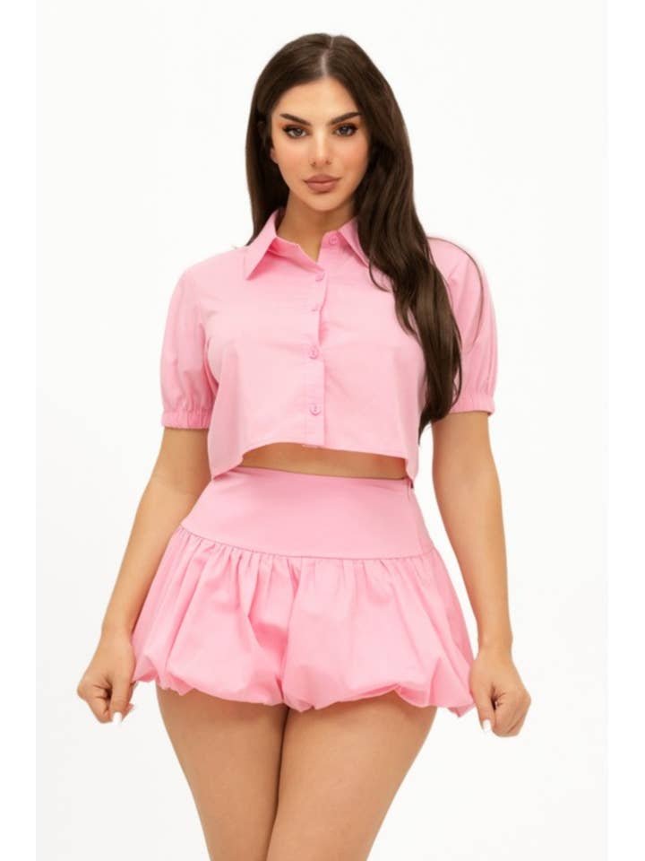 5053-Poplin Button Down Crop Shirt & Bubble Mini Skirt Set for wholesale by JBLA FASHION