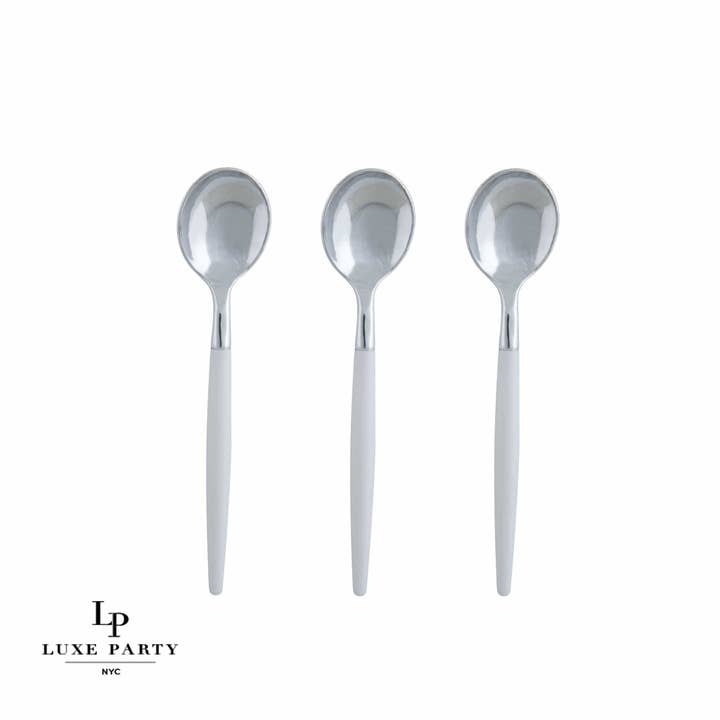 Luxe Party - Wholesale Table Spoon (Cutlery) - White and Silver Plastic Mini Spoons | 20 Spoons