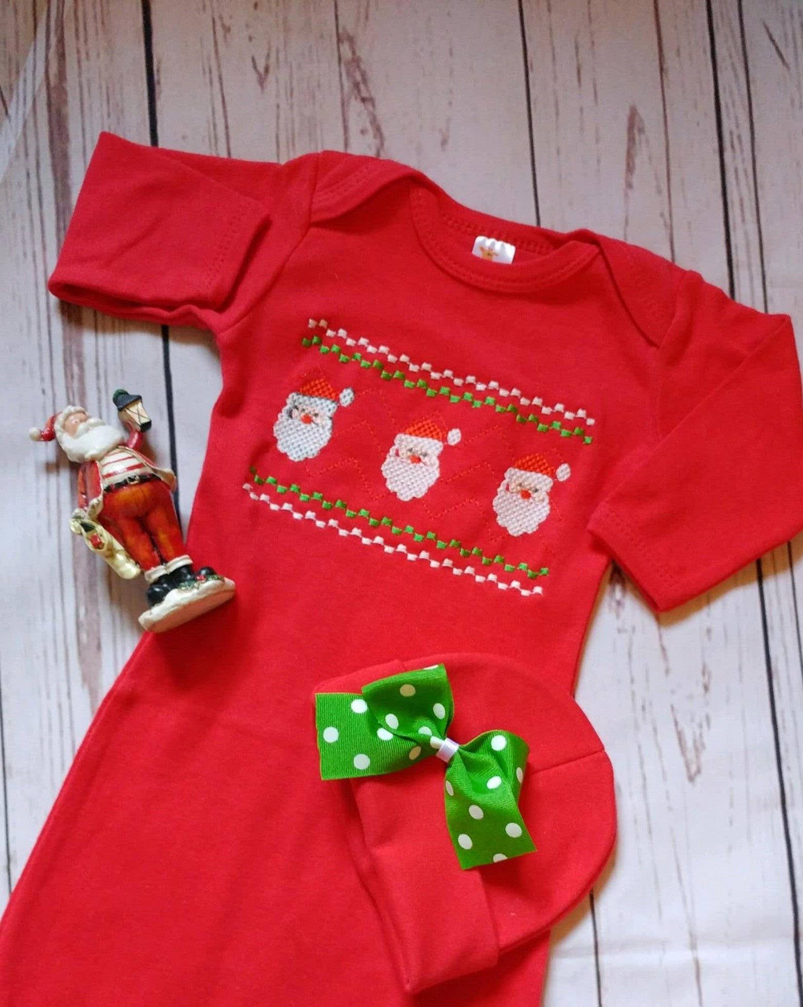 The Posh Layette - Wholesale Babygown Set - Baby - Baby Girl Christmas Faux Smocked Santa Gown with Beanie1