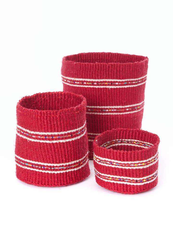 Cherry Petite Set of Three Sisal Baskets with Colorful Beads for wholesale by Swahili | AFRICAN MODERN